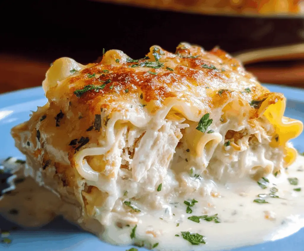 Creamy Cheesy Chicken Alfredo Lasagna Rolls topped with melted cheese, served on a white plate