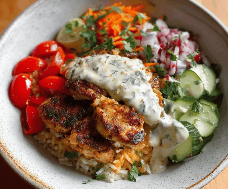 Delicious chicken and rice bowls topped with creamy garlic sauce, garnished with fresh herbs, served on a white plate