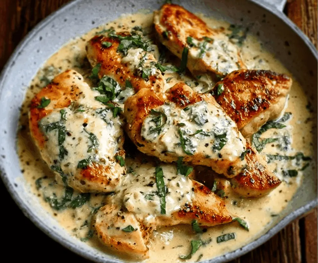 Creamy chicken in basil sauce garnished with fresh basil leaves on a white plate