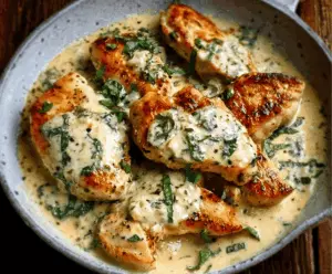 Creamy chicken in basil sauce garnished with fresh basil leaves on a white plate