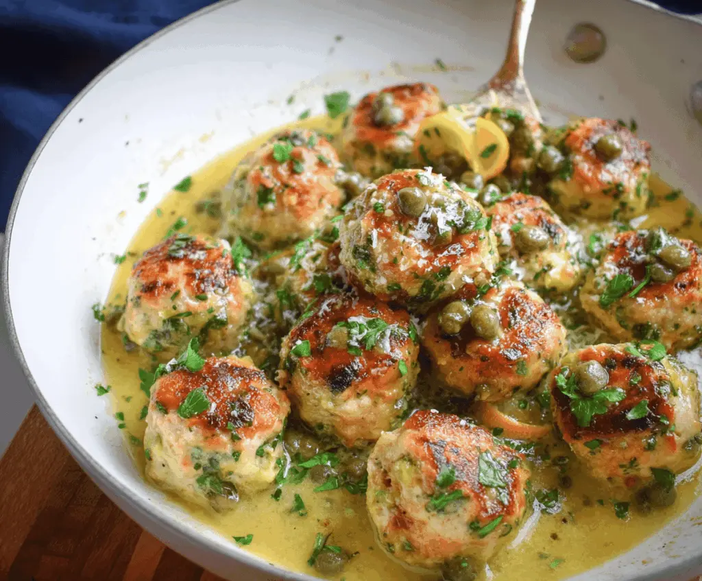 Juicy Chicken Piccata Meatballs served with lemon caper sauce on a white plate, garnished with fresh herbs