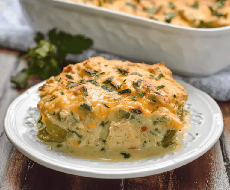 Creamy Chicken Poblano Casserole topped with melted cheese and fresh cilantro, featuring tender chicken and roasted poblano peppers in a delicious sauce