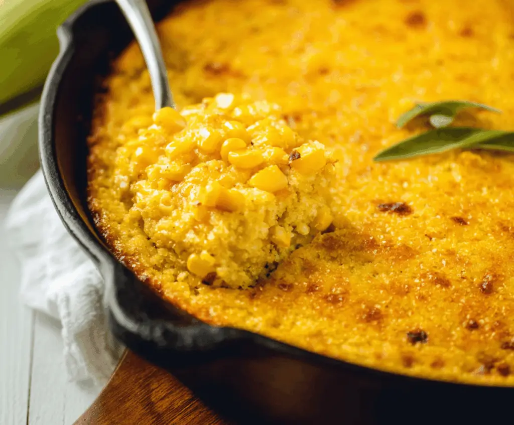 Creamy golden corn pudding served in a baking dish, garnished with fresh herbs, perfect as a savory side dish