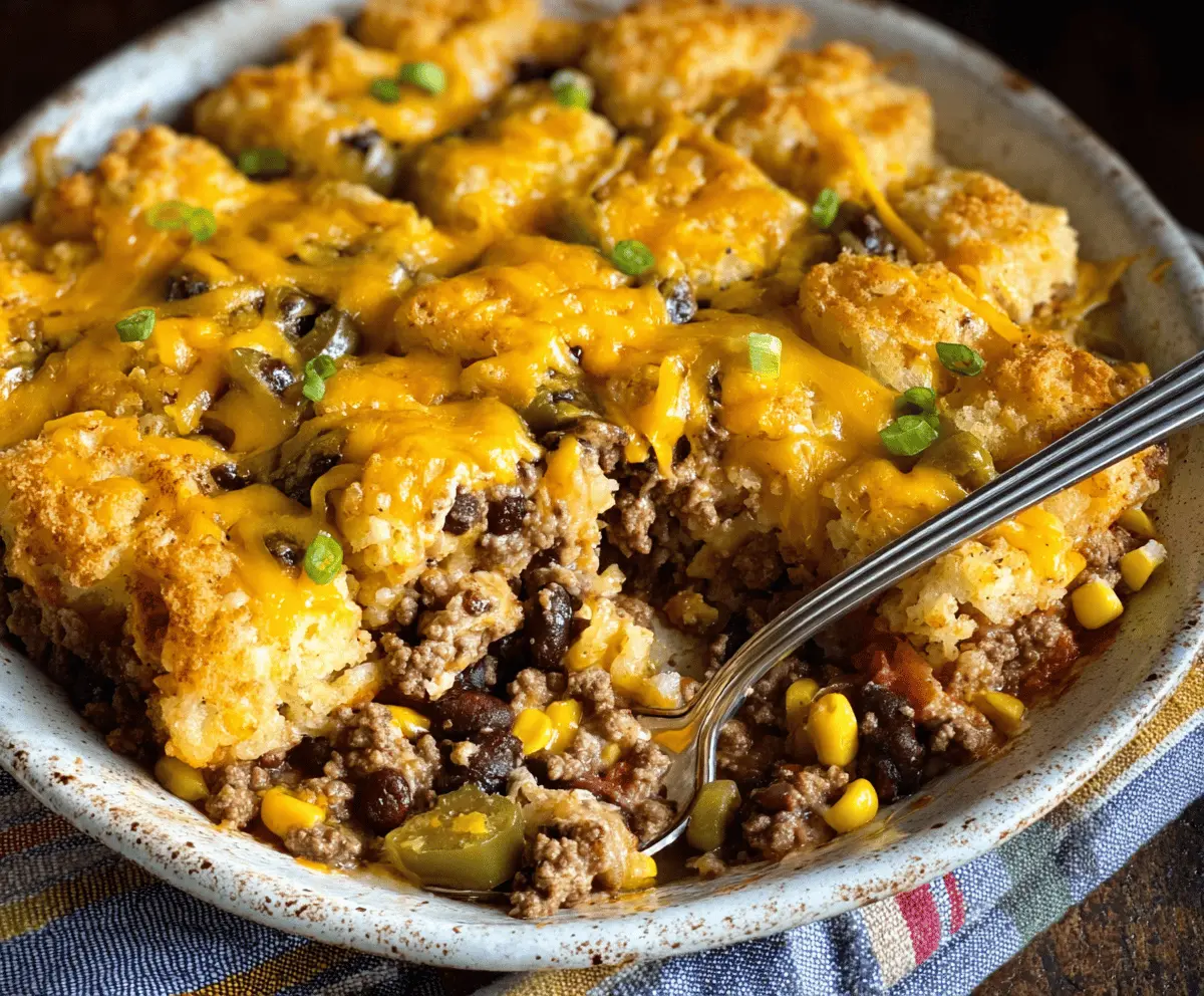 Delicious Cowboy Casserole topped with melted cheese, served with fresh vegetables and crispy bread on a rustic plate