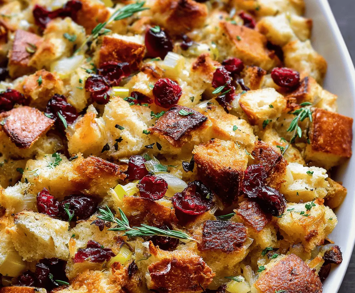 Golden cranberry apple stuffing with fresh cranberries, chopped apples, herbs, and bread cubes in a baking dish, perfect for holiday dinners.