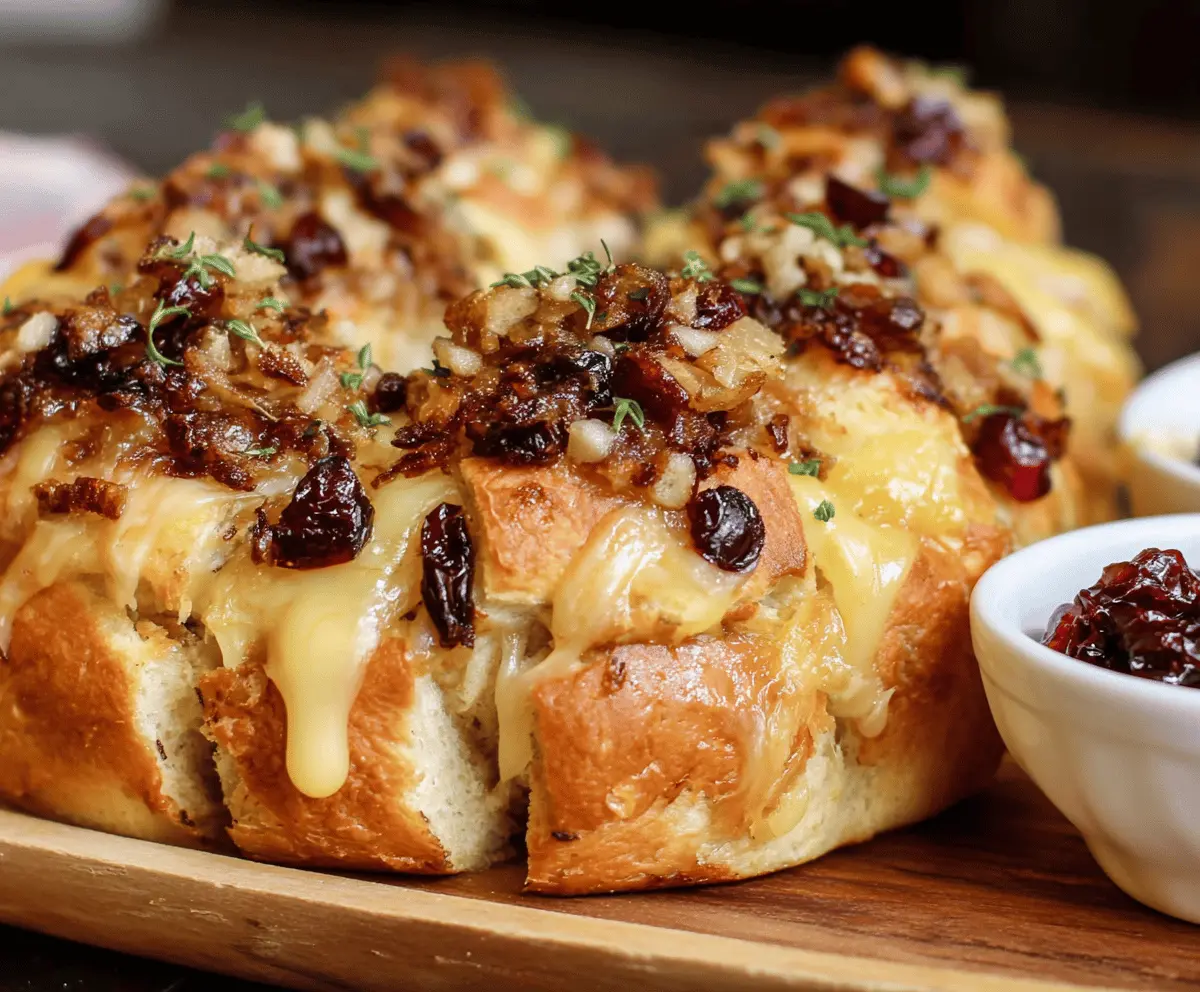 Delicious Cranberry Brie Pull-Apart Bread Bites with fresh cranberries and melted Brie cheese for holiday snacking.