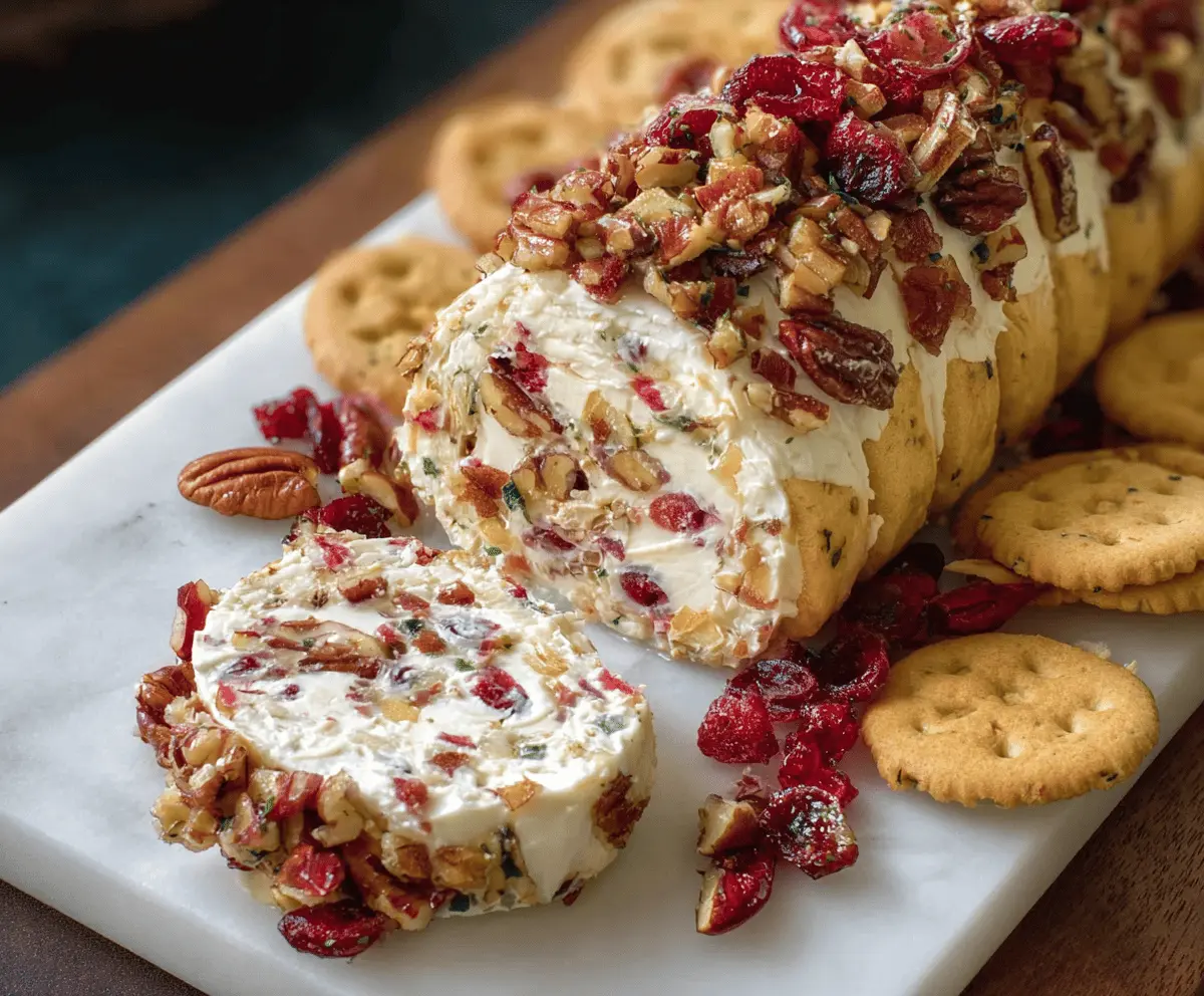 Delicious Cranberry Pecan Cheese Log serving as an elegant appetizer with fresh cranberries, chopped pecans, and creamy cheese on a platter.
