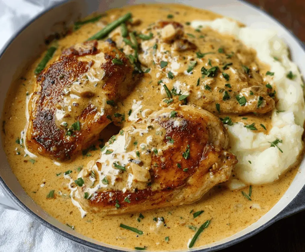 Delicious creamy garlic chicken served with fresh herbs and a side of vegetables.
