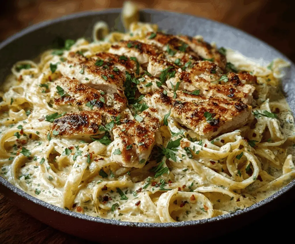 Creamy garlic Parmesan chicken pasta dish with tender chicken, pasta, and rich, cheesy sauce garnished with fresh herbs