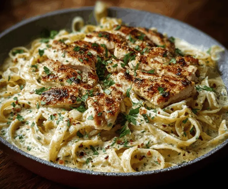 Creamy garlic Parmesan chicken pasta dish with tender chicken, pasta, and rich, cheesy sauce garnished with fresh herbs