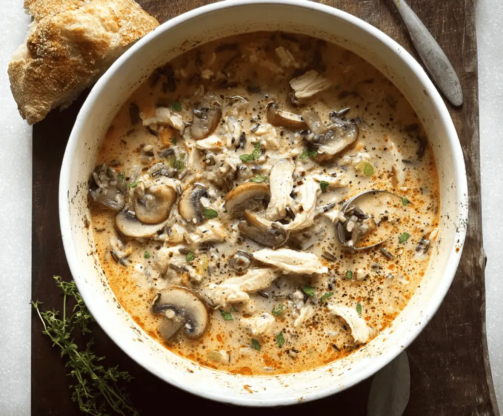 Creamy mushroom chicken and wild rice soup served in a bowl with fresh herbs, showcasing a hearty and delicious comfort food dish