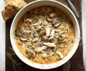 Creamy mushroom chicken and wild rice soup served in a bowl with fresh herbs, showcasing a hearty and delicious comfort food dish