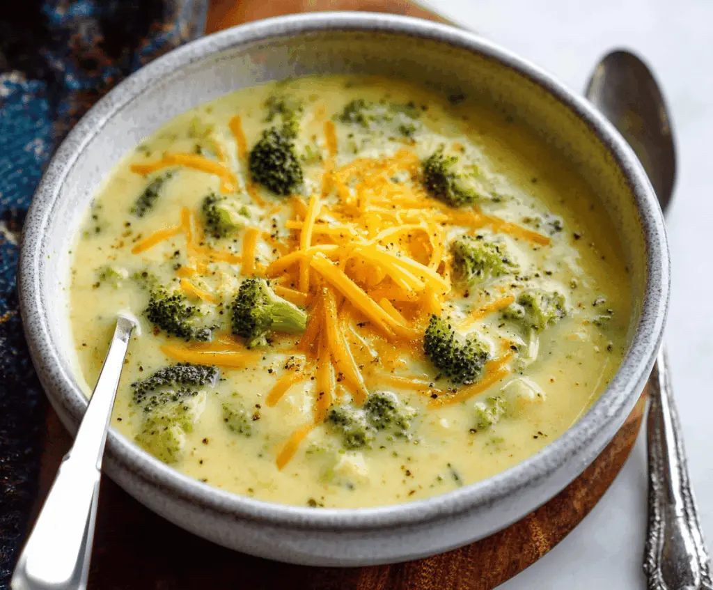A bowl of creamy potato broccoli cheddar soup garnished with shredded cheddar cheese and fresh herbs, served with a side of crusty bread.