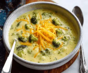 A bowl of creamy potato broccoli cheddar soup garnished with shredded cheddar cheese and fresh herbs, served with a side of crusty bread.