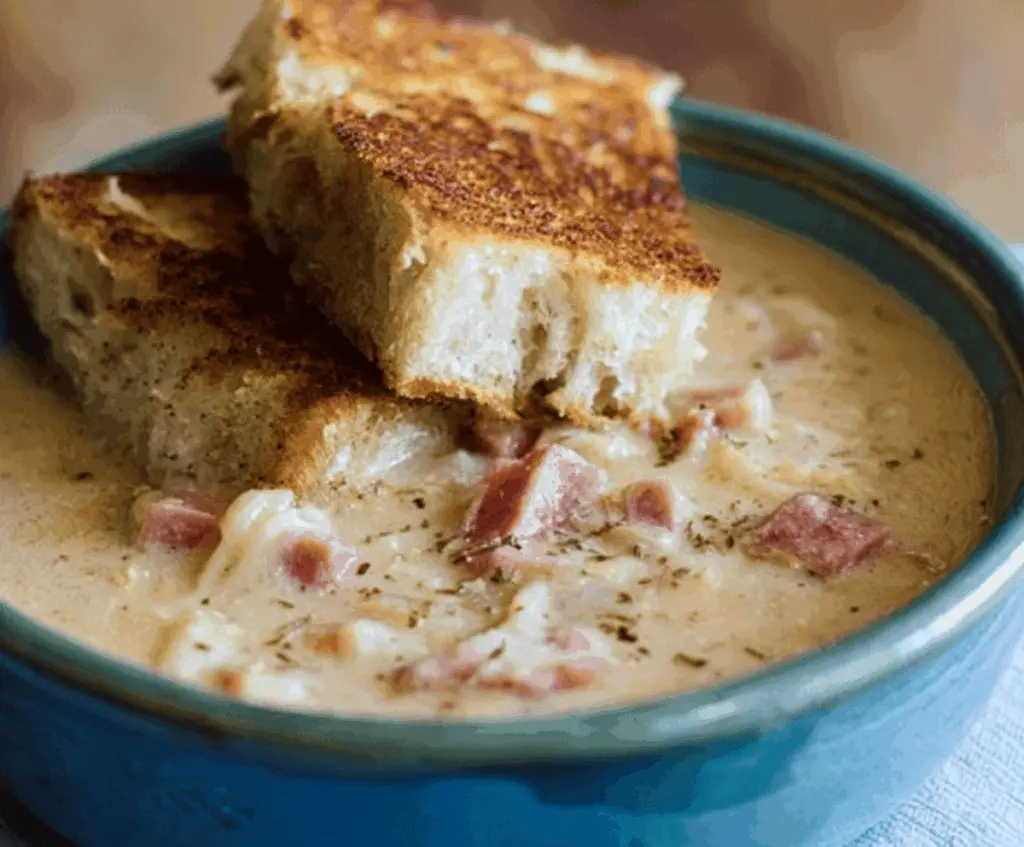 Creamy Reuben Soup in a bowl topped with Swiss cheese, sauerkraut, and rye bread croutons, garnished with fresh herbs, served as a comforting, savory appetizer or meal