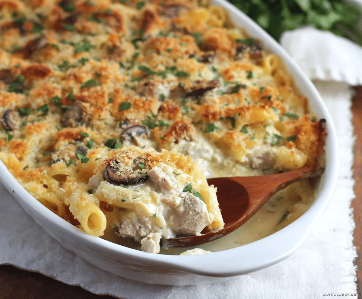 Delicious creamy turkey casserole topped with melted cheese and fresh herbs.