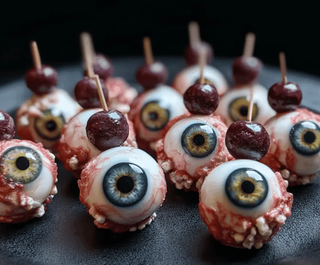 Close-up of spooky Creepy Eyeball Bites featuring realistic-looking edible eyeballs with veiny details and creepy green "eyeballs" on a platter, perfect for Halloween parties.