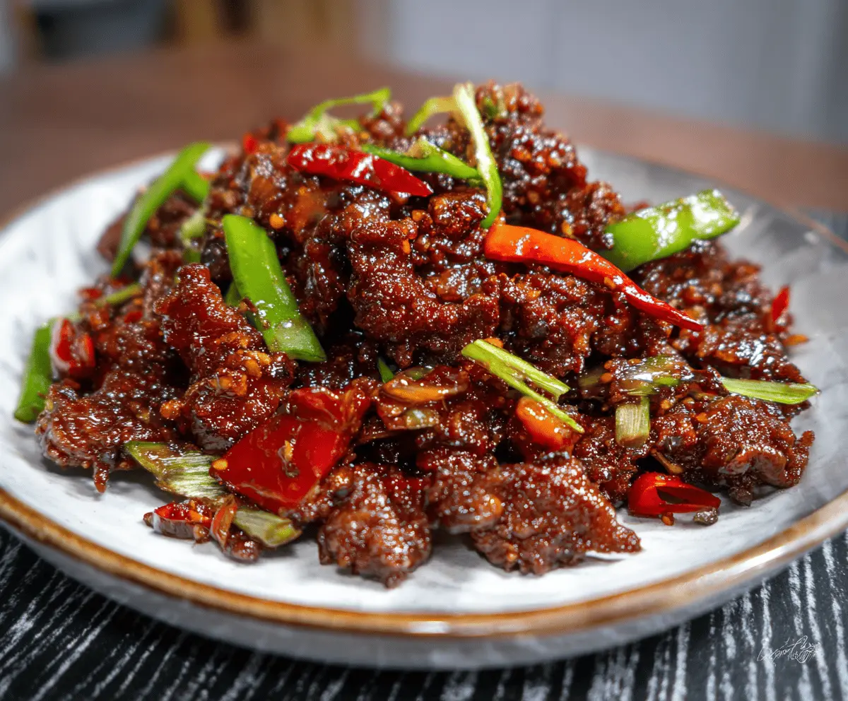 A delicious plate of crispy chilli beef garnished with sliced green onions and red chilies, served with a side of steamed vegetables on a white plate.