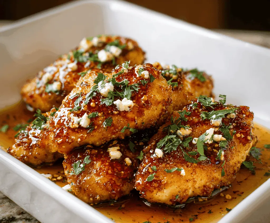 Delicious Crispy Hot Honey Feta Chicken served on a plate with a side of vegetables.