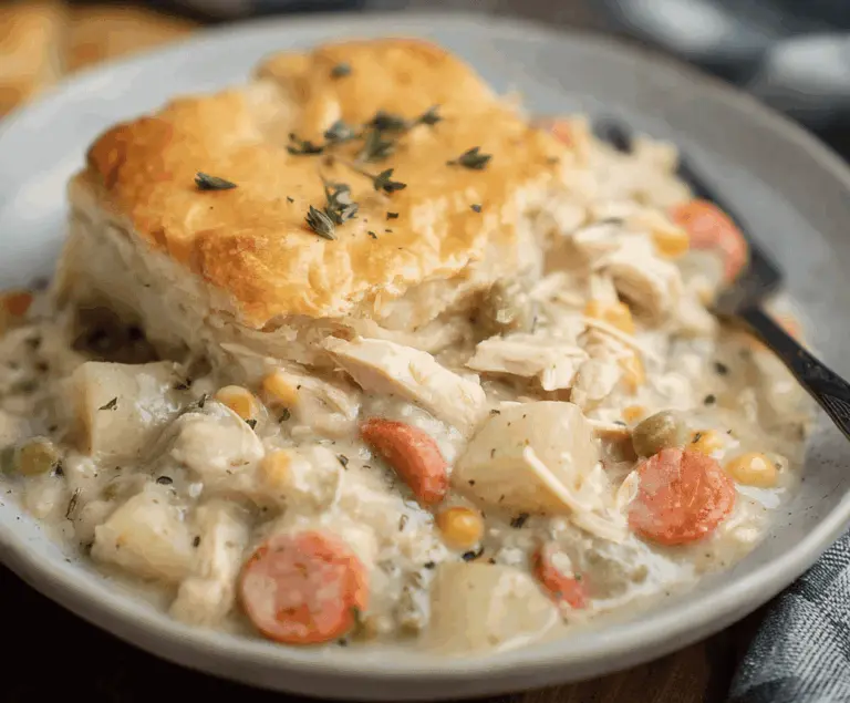 Creamy homemade Crockpot Chicken Pot Pie topped with golden flaky crust, served in a rustic bowl with fresh herbs