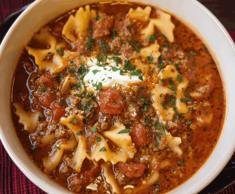 A delicious bowl of Crockpot Lasagna Soup with melted cheese, fresh herbs, and bubbling tomato sauce garnished with basil leaves.