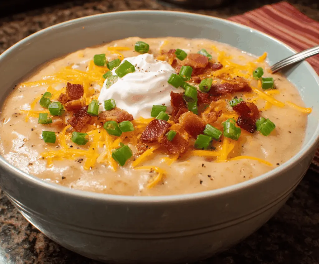 Creamy Crockpot Loaded Baked Potato Soup topped with shredded cheese, crispy bacon, green onions, and sour cream in a bowl on a rustic wooden table.