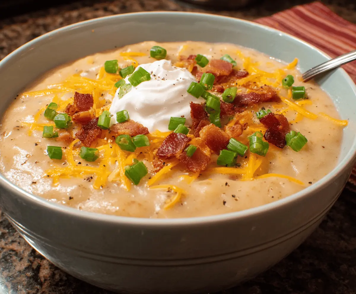 Creamy Crockpot Loaded Baked Potato Soup topped with shredded cheese, crispy bacon, green onions, and sour cream in a bowl on a rustic wooden table.