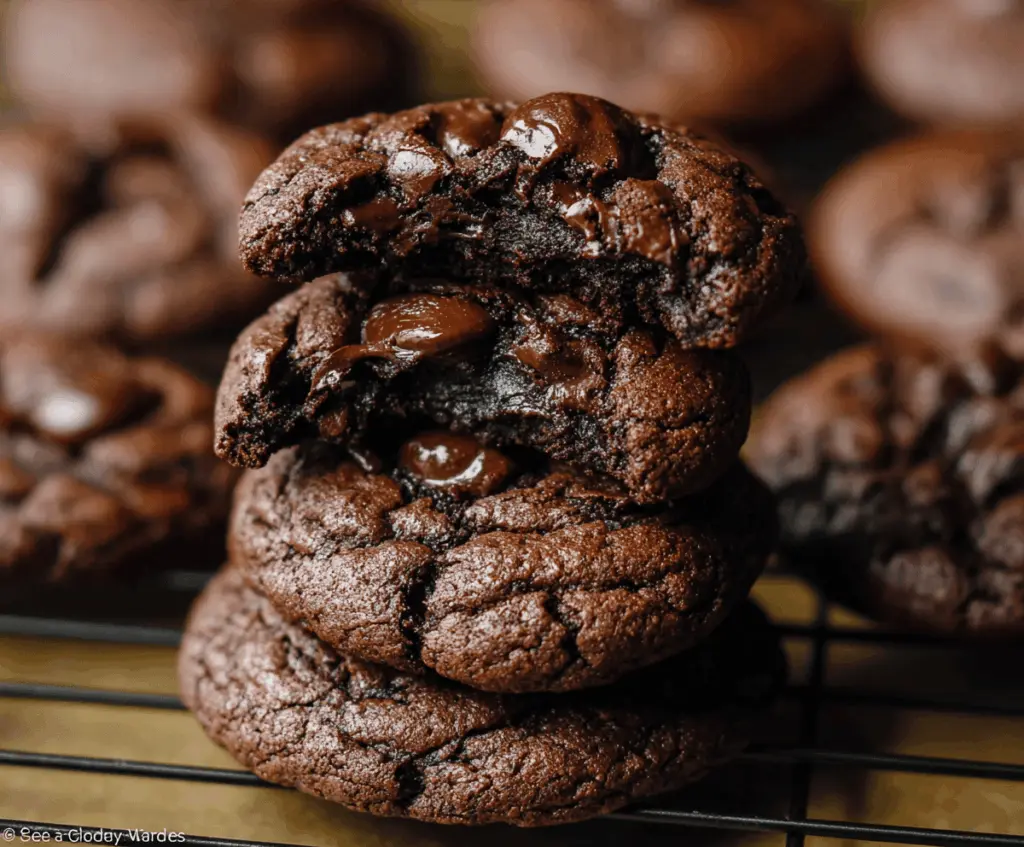 Delicious homemade double chocolate cookies with a rich, gooey chocolate center and a soft, chewy texture on a rustic wooden surface.