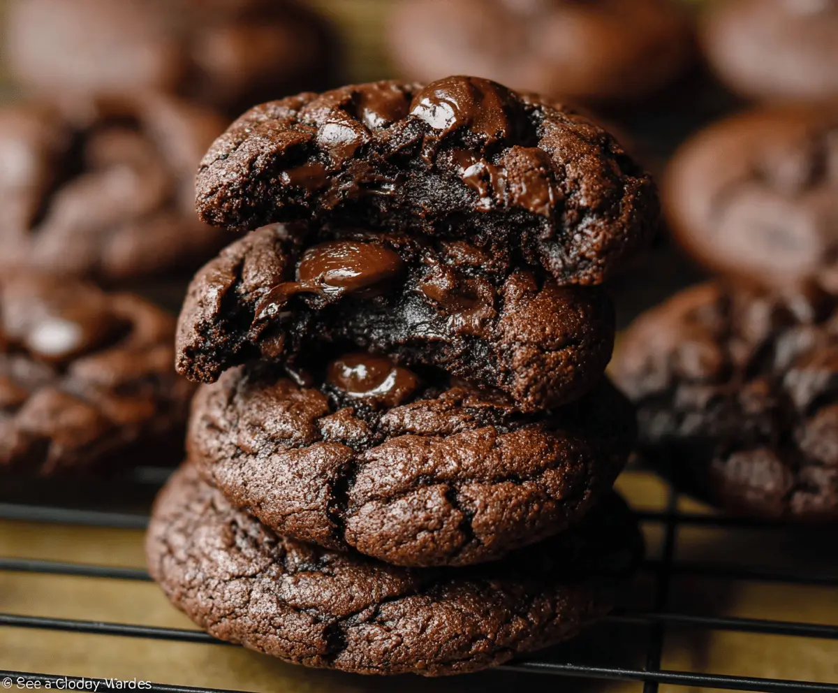 Delicious homemade double chocolate cookies with a rich, gooey chocolate center and a soft, chewy texture on a rustic wooden surface.