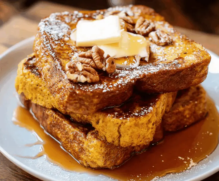 Delicious fall pumpkin French toast topped with whipped cream and cinnamon for a cozy breakfast