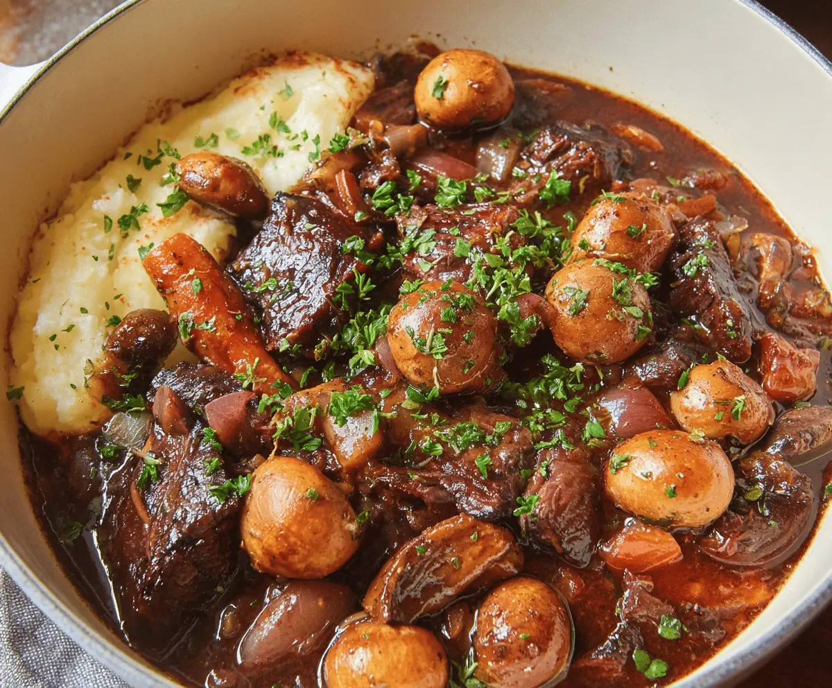 Delicious French Beef Bourguignon served in a rustic bowl with tender beef, carrots, mushrooms, and onions in a rich red wine sauce.