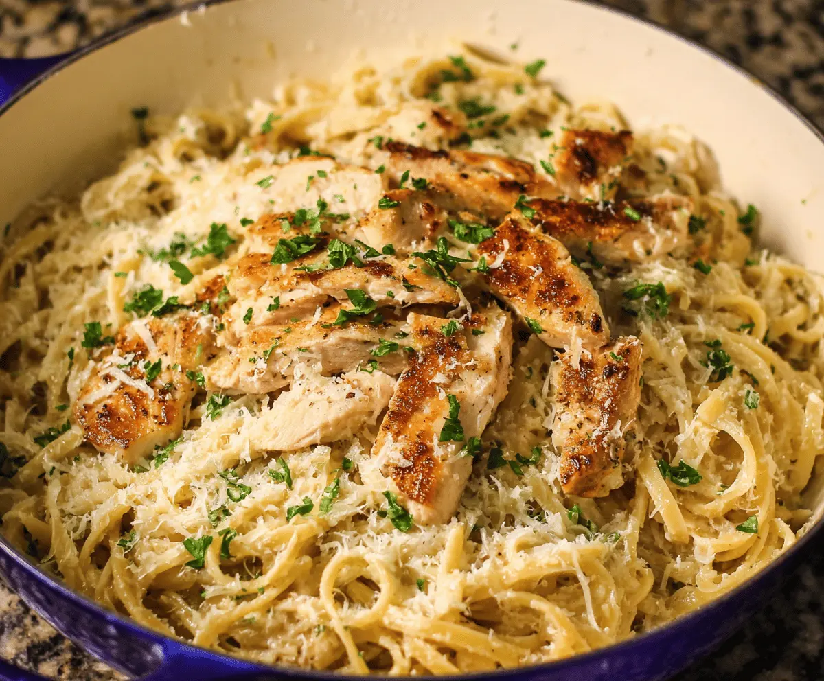 Creamy garlic parmesan chicken pasta dish featuring tender chicken, al dente pasta, melted parmesan cheese, and fresh herbs on a white plate.