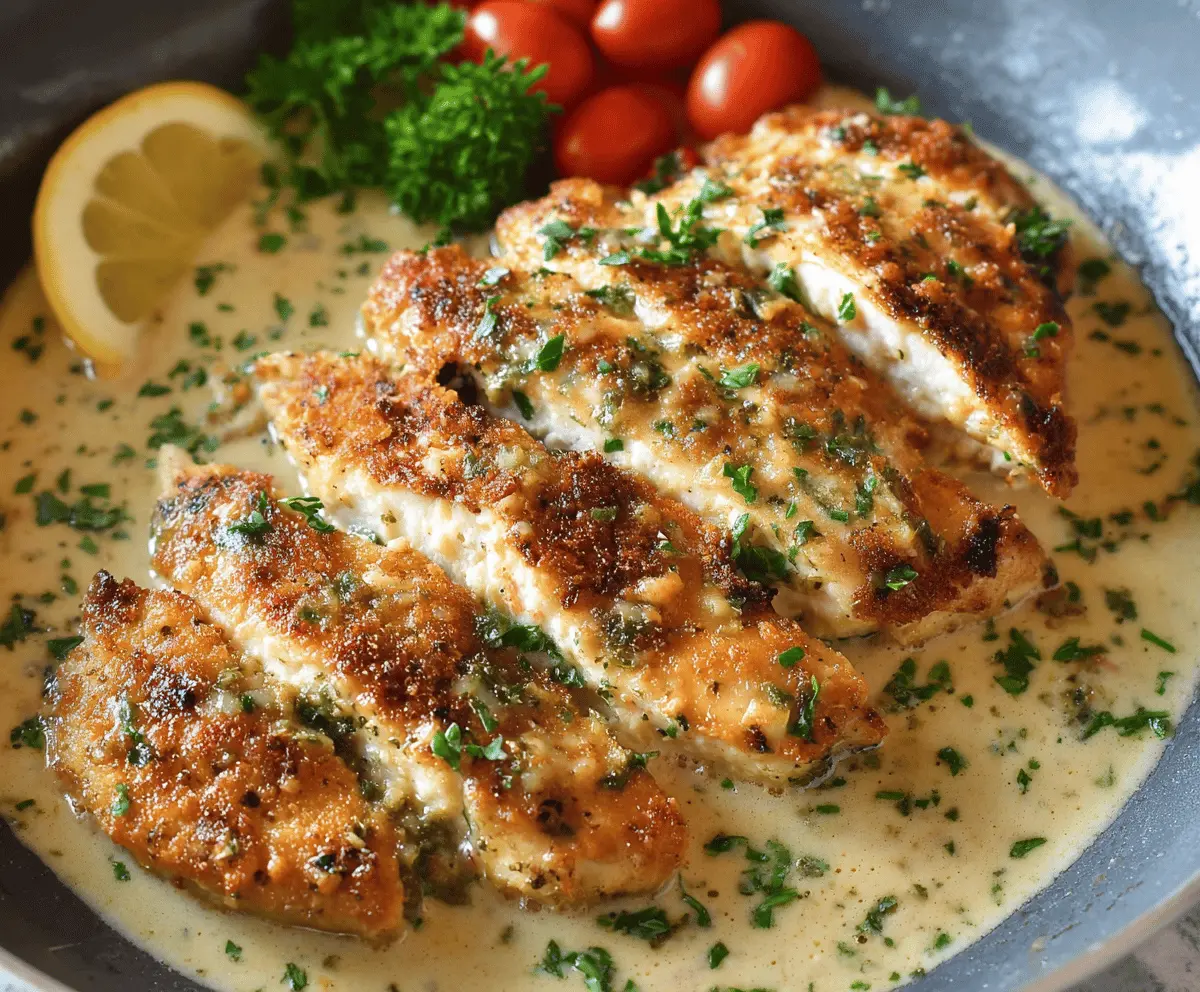 Juicy garlic parmesan chicken breasts garnished with fresh herbs on a serving plate.