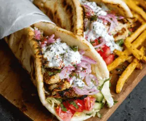 Delicious Greek Chicken Gyros with grilled chicken, fresh vegetables, and creamy tzatziki sauce served in warm pita bread