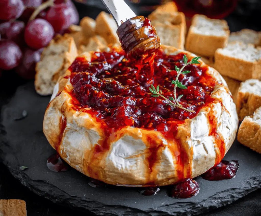 Creamy red Baked Brie decorated for Halloween with spooky toppings, perfect for festive parties