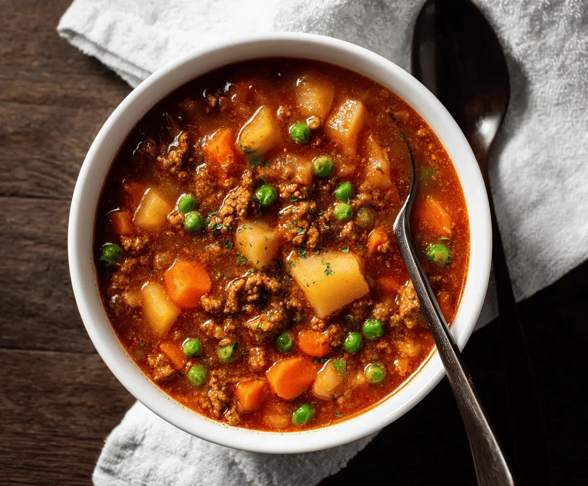 A hearty bowl of Hamburger Stew with ground beef, vegetables, and spices served in a rustic bowl, perfect for a comforting meal.
