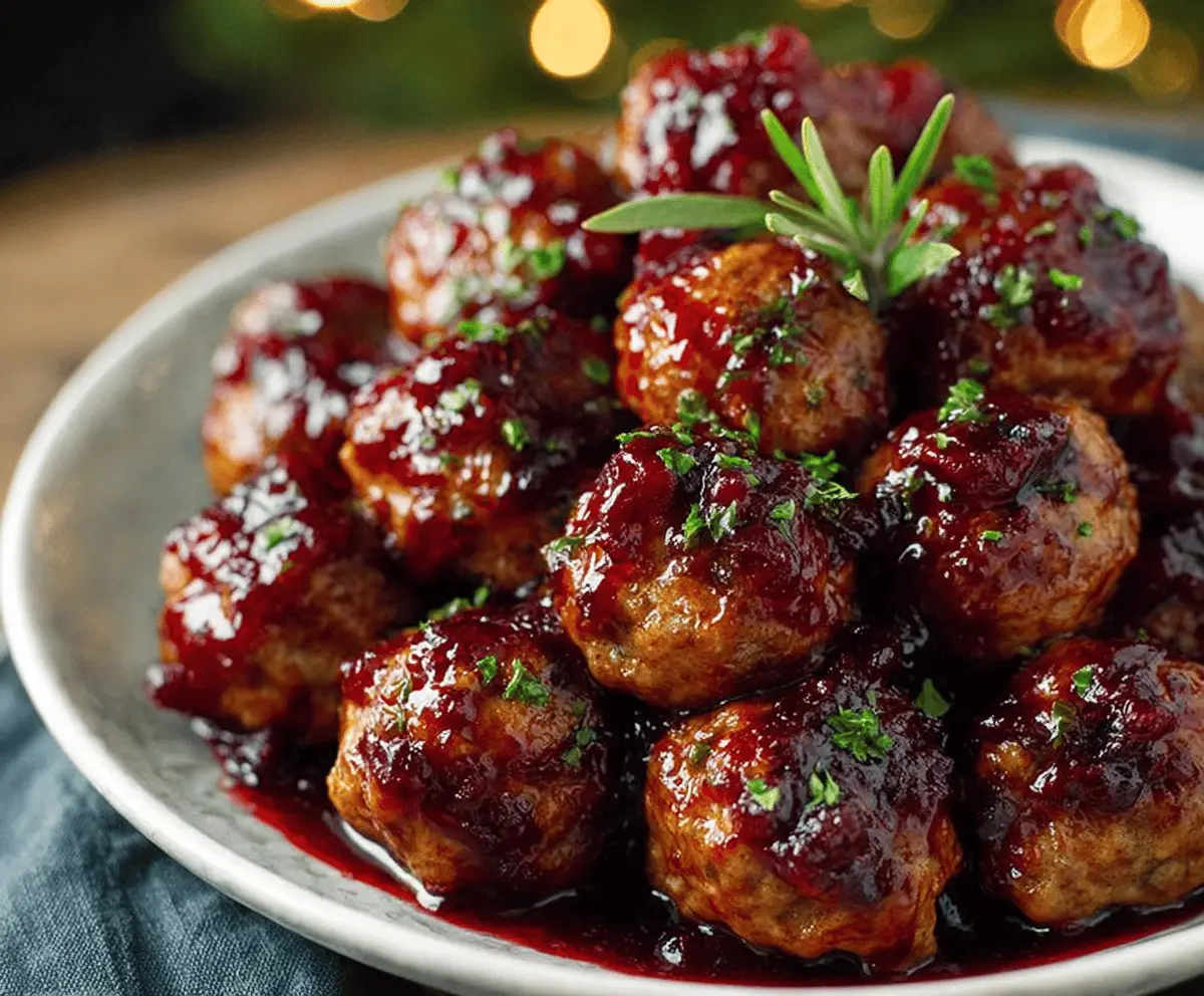 Delicious harvest turkey meatballs topped with a glossy cranberry glaze served on a rustic plate
