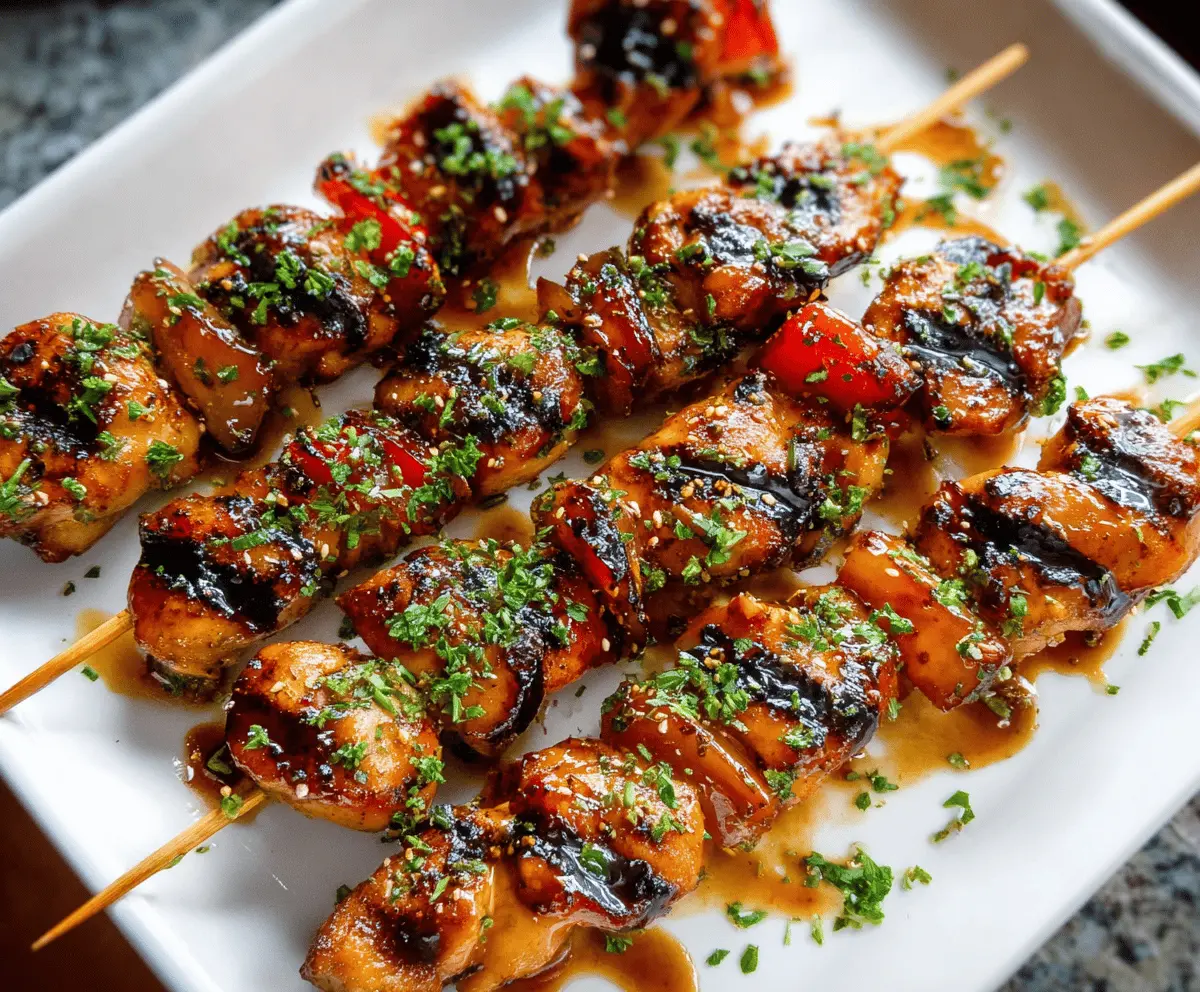 Juicy honey garlic chicken skewers grilled to perfection on a skewer