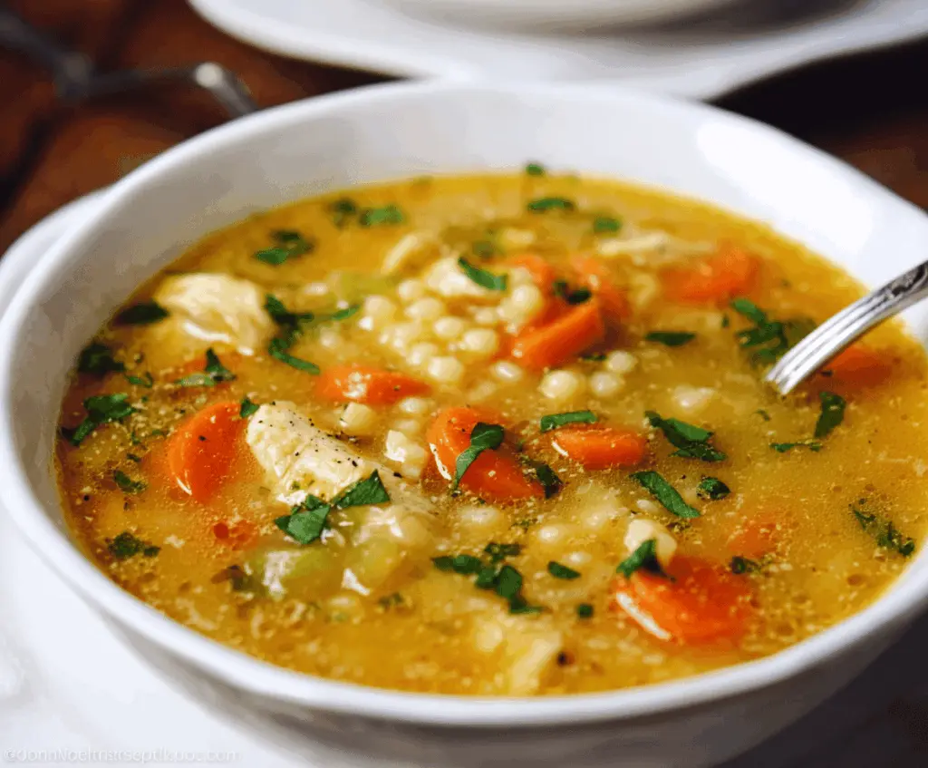 A bowl of hearty Italian Penicillin Soup garnished with fresh herbs and cheese, featuring vegetables, beans, and pasta in a flavorful broth—perfect comfort food.