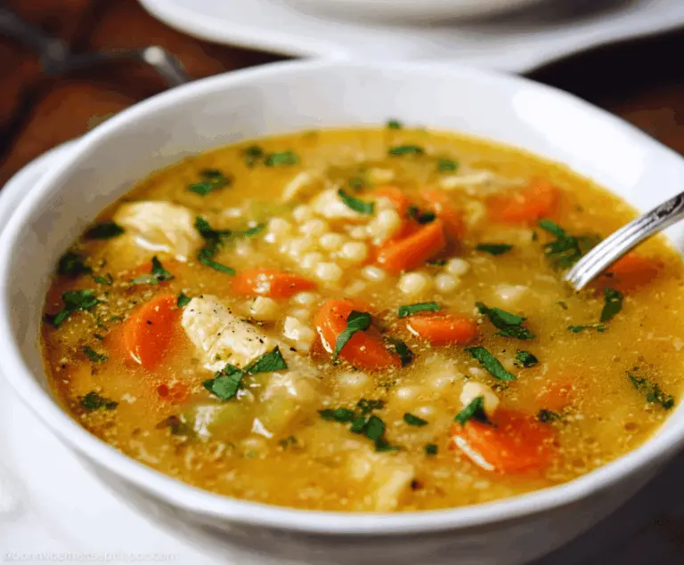 A bowl of hearty Italian Penicillin Soup garnished with fresh herbs and cheese, featuring vegetables, beans, and pasta in a flavorful broth—perfect comfort food.