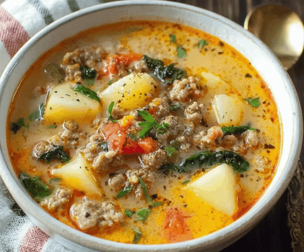 Hearty Italian Sausage and Potato Soup in a bowl with fresh herbs, perfect for a comforting meal.