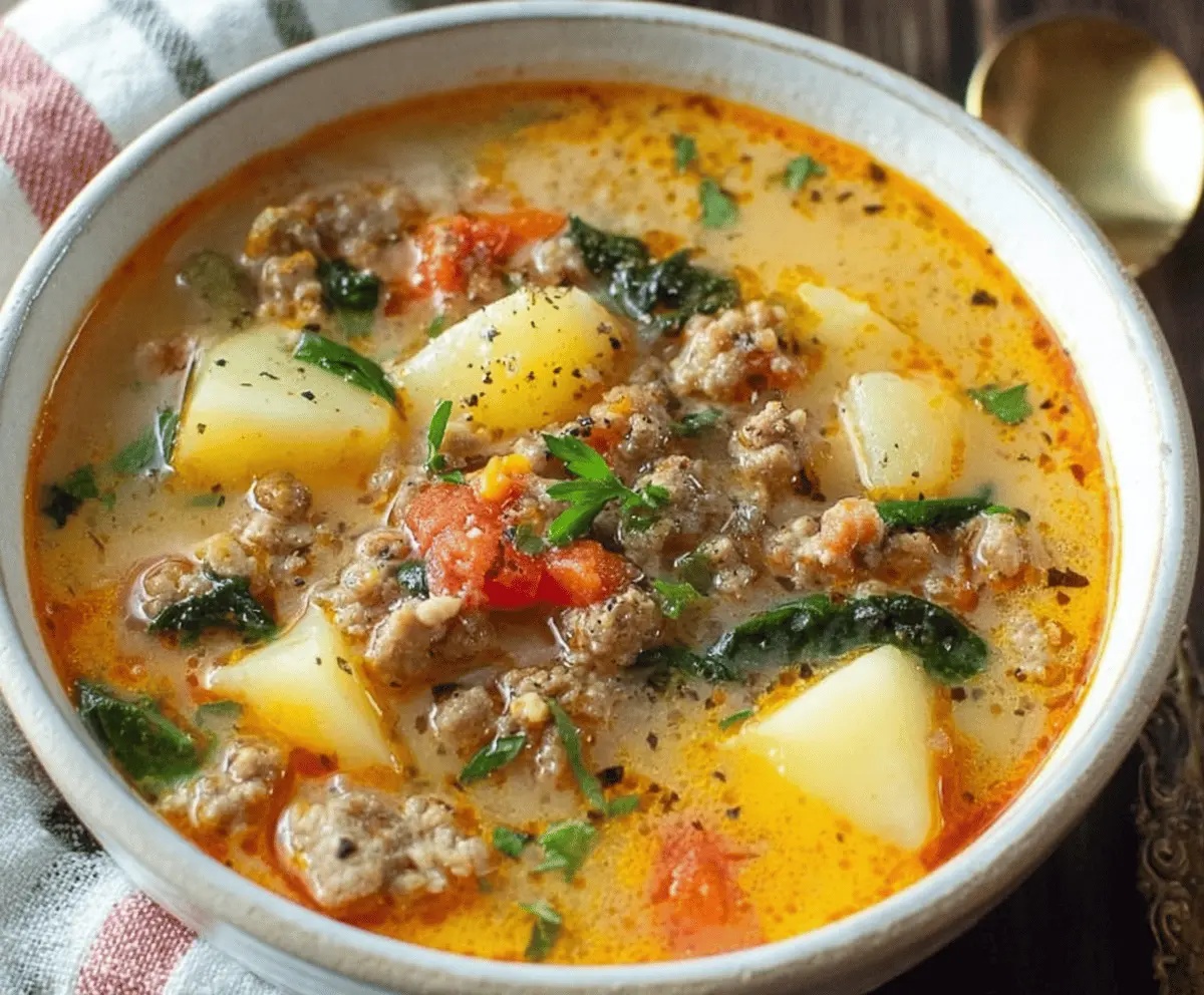 Hearty Italian Sausage and Potato Soup in a bowl with fresh herbs, perfect for a comforting meal.