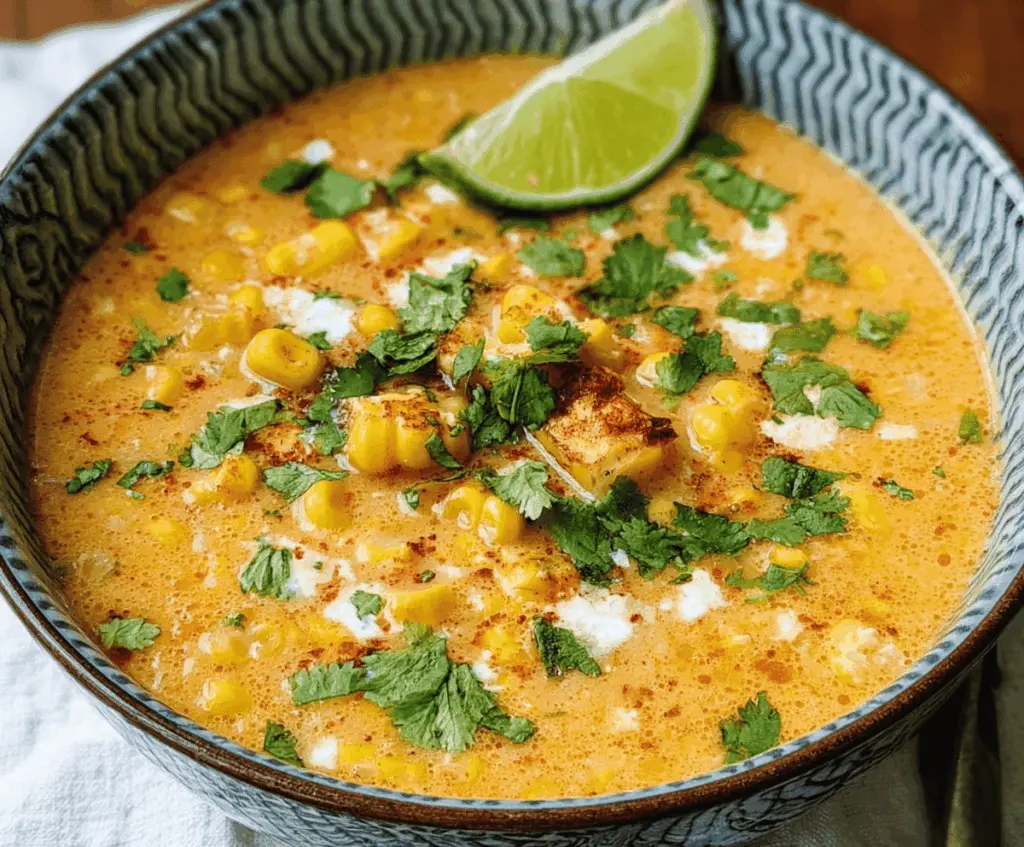 Creamy Mexican street corn soup served in a crockpot, topped with fresh cilantro and crumbled cheese, perfect for cozy meals