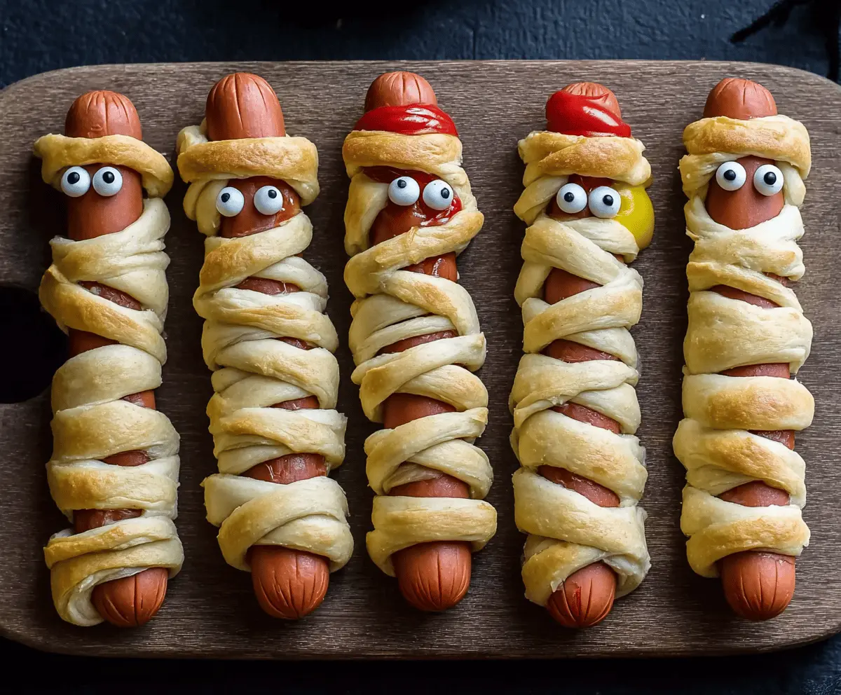 Image of creepy Mummy Hot Dogs wrapped in crescent roll bandages with candy eyes, perfect for Halloween parties.