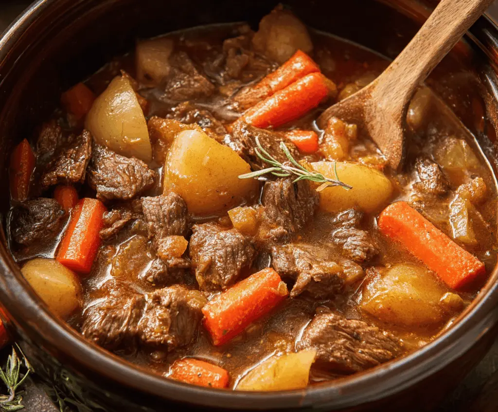Hearty homemade Old Fashioned Beef Stew with tender beef chunks, carrots, potatoes, and peas in a rich, savory broth, served in a rustic bowl.