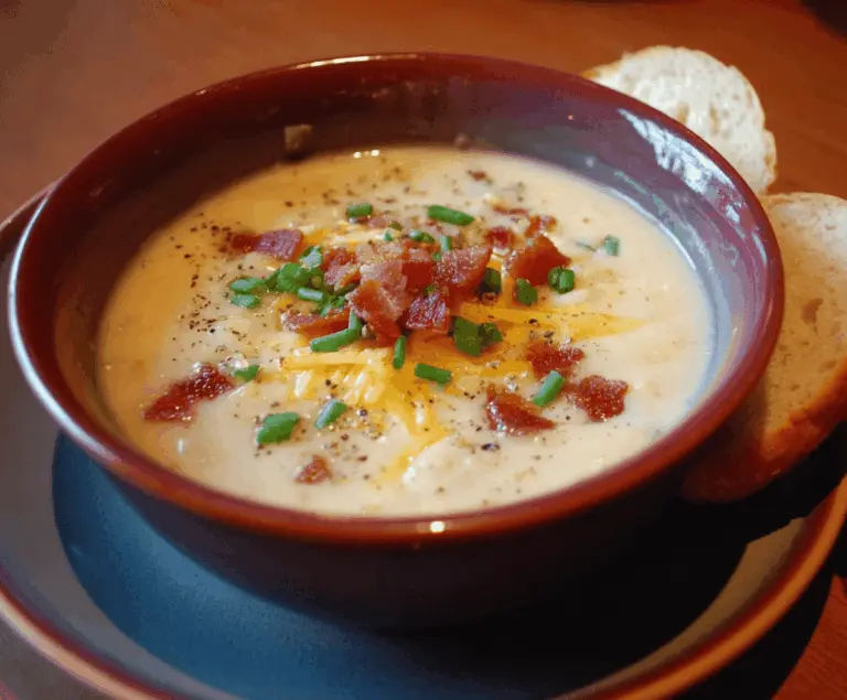 Creamy Outback Steakhouse Potato Soup served in a bowl with fresh herbs, showcasing a comforting and hearty appetizer.