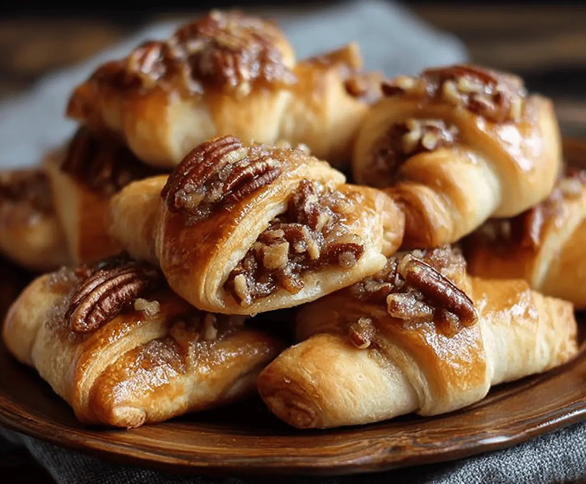 Delicious Pecan Pie Crescent Rolls topped with caramelized pecans and flaky golden pastry, perfect for dessert or special occasions.