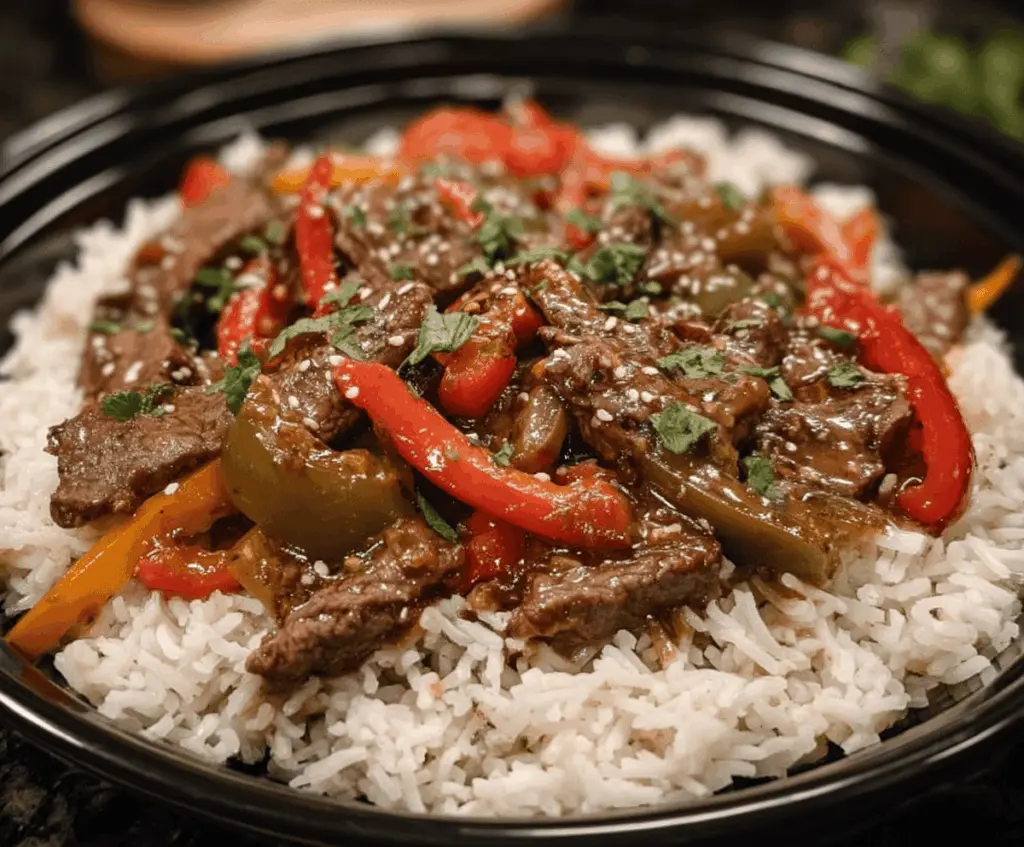Delicious pepper steak cooked in a slow cooker, featuring tender beef, colorful bell peppers, and savory sauce in a Crock Pot recipe