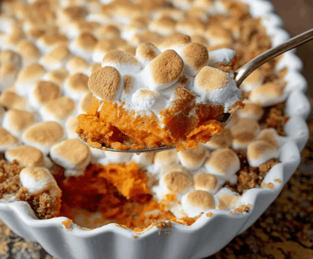 Delicious sweet potato casserole topped with melted marshmallows, perfect for Thanksgiving dessert.