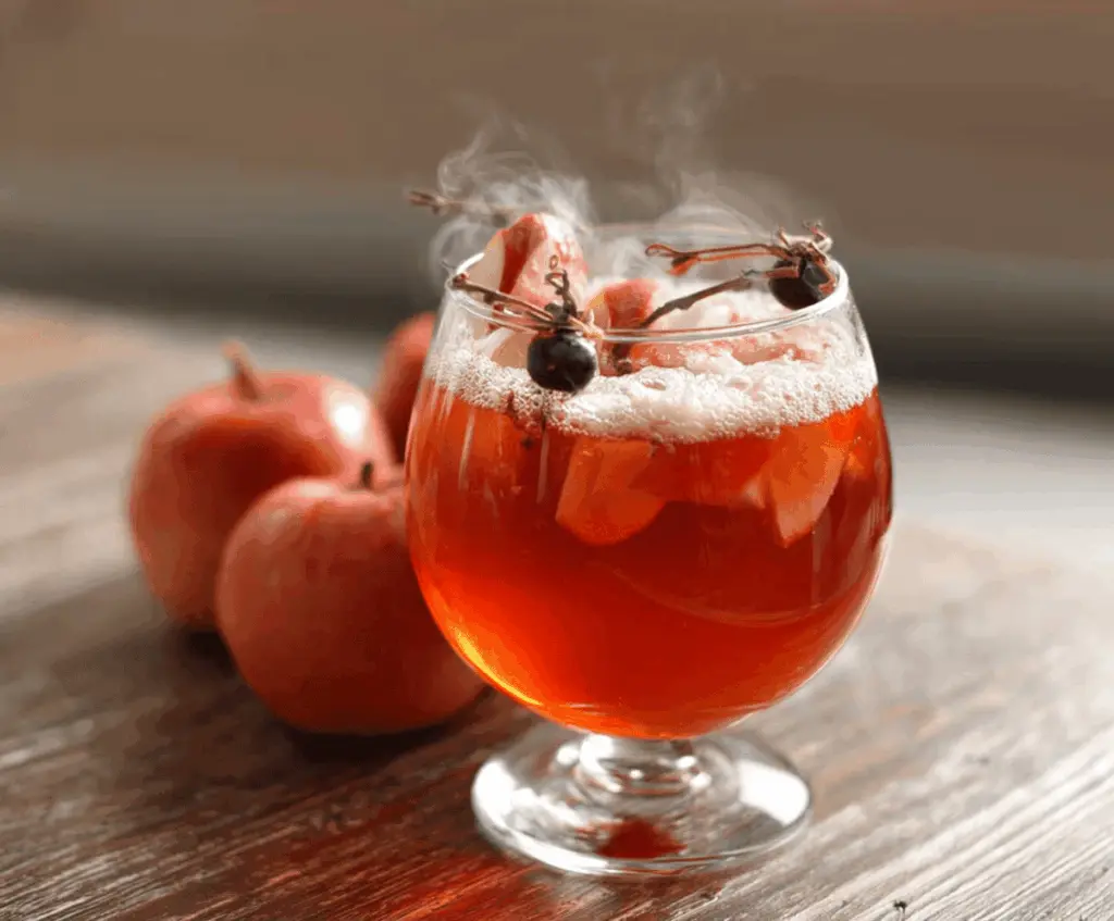 A steaming mug of Poisoned Apple Cider garnished with cinnamon sticks and apple slices, perfect for cozy fall evenings.